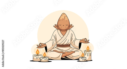 Meditative Being Amidst Burning Candles and a Radiant Background in Zen Posture