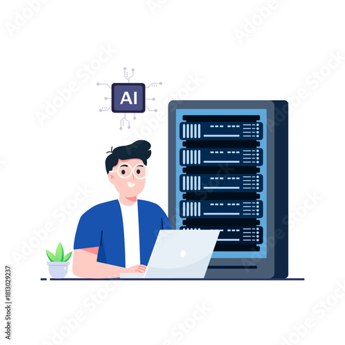 AI data center concept set for web design. artificial intelligence service, cloud processing and hosting. Flat vector illustration isolated on white background.