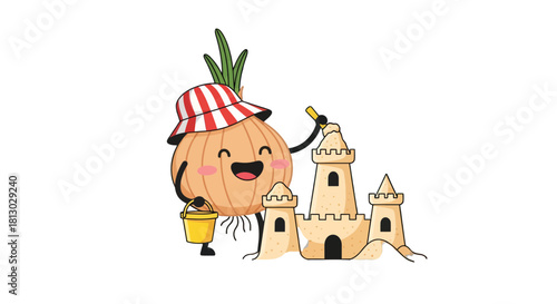 Onion Character At The Beach Crafting A Sandcastle For A Fun Summer Vacation