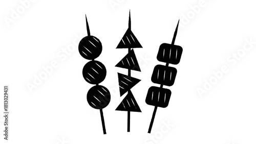 Vector illustration of set of three stylized grilled food skewers with different shapes, isolated on transparent background