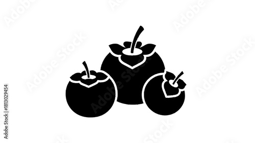 Vector illustration of three black silhouette icons of persimmon fruit with stems and calyxes, isolated on transparent background 