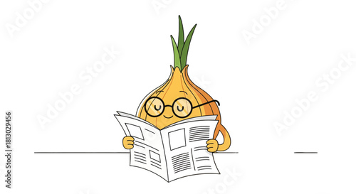 Onion Character With Spectacles Reading a Newspaper against a Black Background