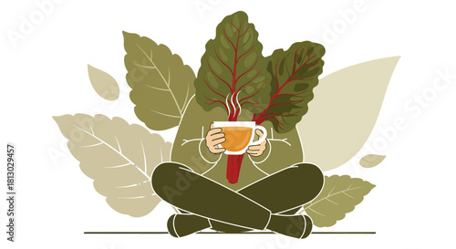 Meditative Person Holding Tea Cup with Radish Behind Her, Botanical Illustration
