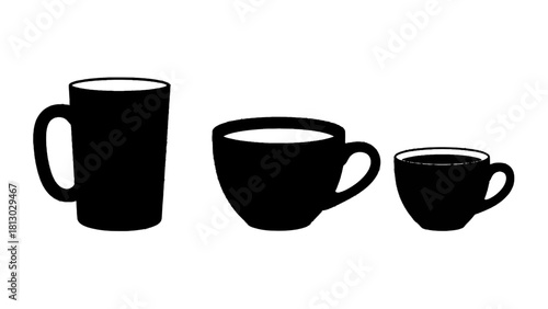 Vector illustration of three black silhouette coffee mug cup and teacup shapes of different size isolated on transparent background 