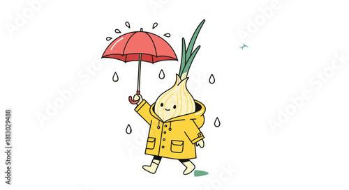 Onion Character With Umbrella Walking In The Rain, Cute Cartoon Illustration