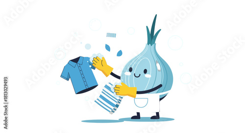 Onion Character With Yellow Gloves Washing Clothes And Bubble On Black Background Illustration