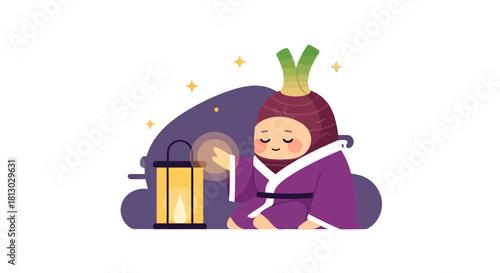 Meditative Vegetable Figure With Lantern Under The Celestial Glow At Night No Comma