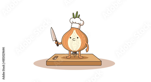 Onion Chef Holding Knife Ready For Food Preparation On Wooden Chopping Board