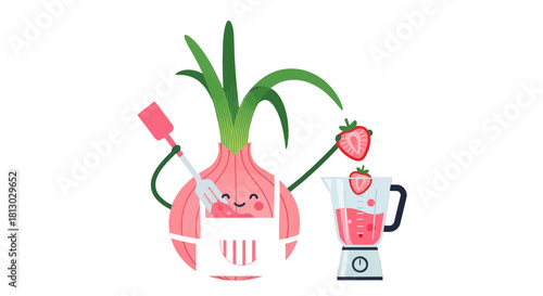 Onion Chef Making Strawberry Smoothie With Cartoonish Elements And Lively Ambiance
