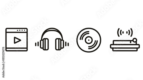 Audio and Video Playback Technology Icons featuring Headphones, Vinyl Record, Turntable, and Streaming Player