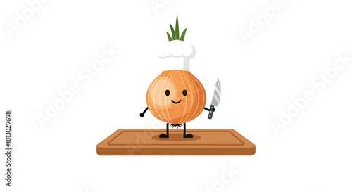 Onion Chef Holding Knife Is Ready To Prepare Food on Cutting Board