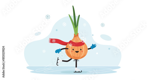 Onion Enjoying Ice Skating in Wintertime with Red Scarf and Happy Expression
