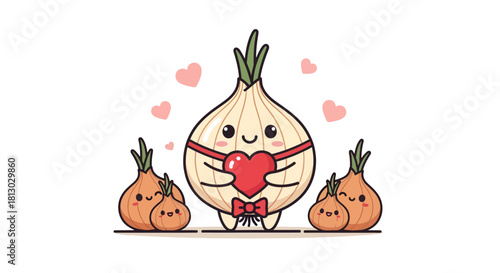 Onion Family Displaying Affection with Hearts and a Red Heart, Expressing Love