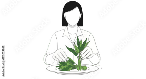 Minimalist Illustration Of Person Arranging Fresh Ingredients On A Plate In The Dark