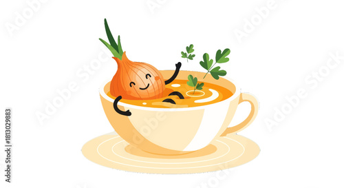 Onion Feels Relaxed While Floating Inside A Hot Bowl Of Delicious Soup With Parsley