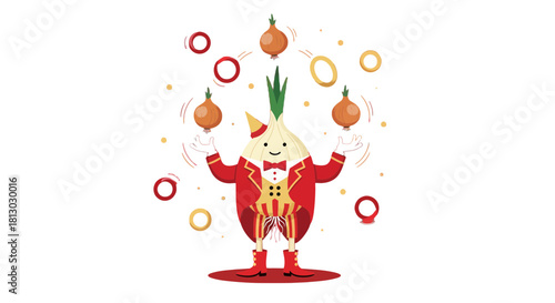 Onion Juggler Delights With Rings in a Playful Cartoon Celebration
