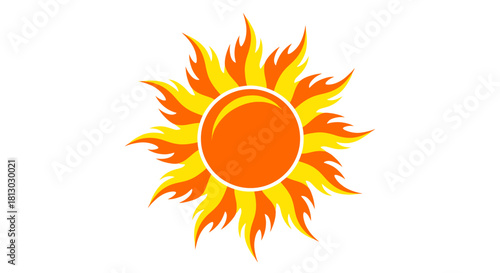 A vibrant, stylized sun vector illustration featuring fiery orange and yellow rays, perfect for summer designs and bright graphic elements.