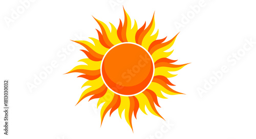 A vibrant vector illustration of a stylized sun with fiery orange and yellow rays emanating from a central circle, perfect for adding warmth to designs.