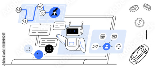 Robot managing messages, user avatars, feedback, and workflows on a laptop. Ideal for tech, automation, customer support, AI multitasking efficiency and communication concepts. Simple flat