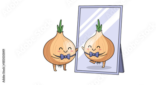 Onion Man Watching Himself in Mirror, Cartoon Character, Funny Design and Illustration