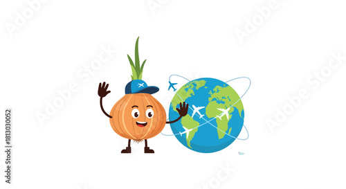 Onion Mascot Adventures: Globe-Trotting Onion Characters and Global Travel Concept