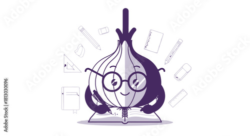 Onion Mascot Cartoon Studying With Glasses And Stationary Supplies On Black