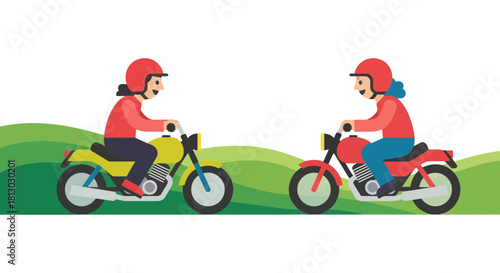 Motorcycle Riders Enjoying a Ride Together Through the Lush Green Hills and Pastures