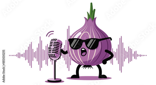 Onion Mascot Singing With Microphone Against Black Backdrop, Music Concept