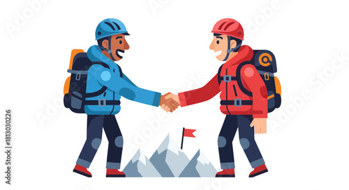 Mountain Climbers Celebrating Successful Summiting With Handshake in Cartoon Illustration