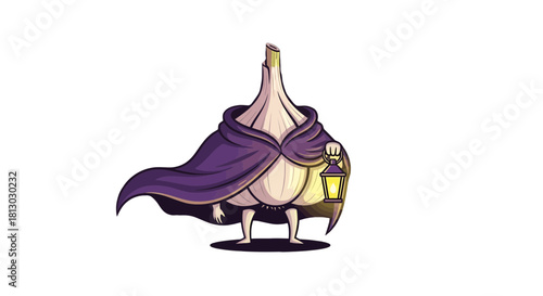 Mysterious Cloaked Garlic with a Lantern on a Dark Background Vector Illustration