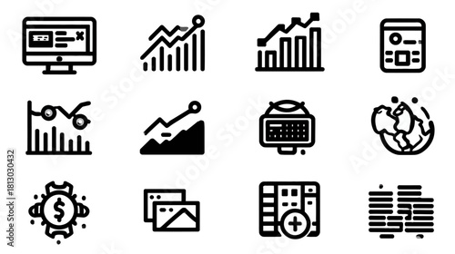 Business, Finance, and Data Analytics Vector Icon Set. Collection of Digital Marketing, Statistics, and Web Technology Symbols.
