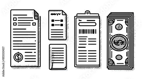 Hand-drawn financial documents and money stack. Business accounting, payment, and expense management sketch illustration.