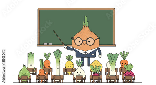 Onion Professor Teaching a Class of Anthropomorphic Vegetables in a Classroom Setting