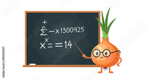 Onion Professor Teaching Complex Math Equation With Blackboard Against Black Background