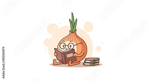 Onion Reading A Book, Illustrated Character Exploring Knowledge Under Bright Light