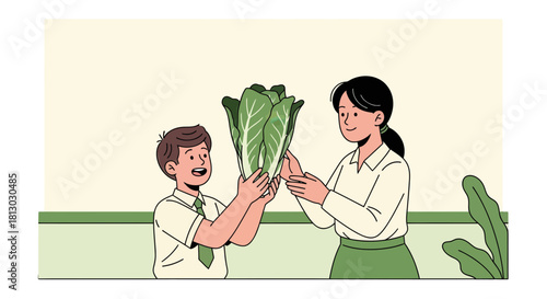 Nurturing Student's Interest: Teacher And Pupil Admiring A Large Leafy Vegetable