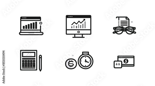 Modern Business and Finance Line Icons. Digital Marketing, Financial Analysis, Accounting, Time and Money Management Concepts.