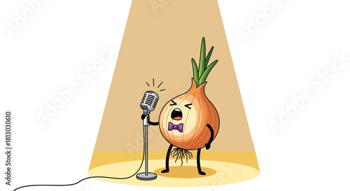 Onion Singing In Spotlight With Bowtie, Performing Under Stage Lights Ambiance