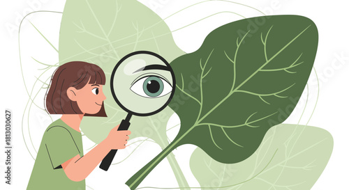 Observing Nature: A Young Person Eyes A Large Leaf Through A Magnifying Glass