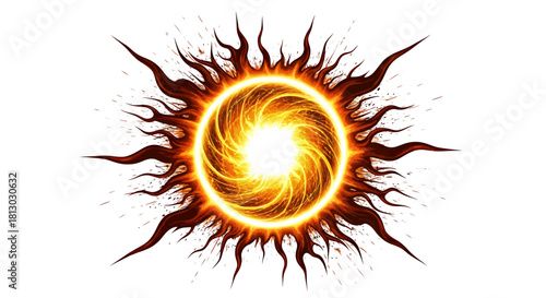 A vibrant and dynamic vector illustration of the sun, radiating fiery energy and light, perfect for designs requiring warmth and a striking visual element on a transparent PNG background.