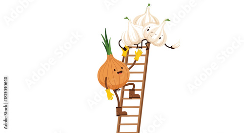 Onion And Garlic Ascend A Ladder Depicting Cartoon Vegetables With Black Background