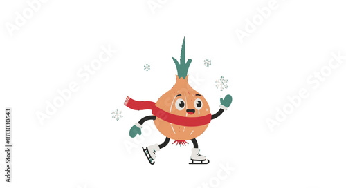 Onion Skating Amidst Snowflakes, Winter Fun in a Playful Illustration