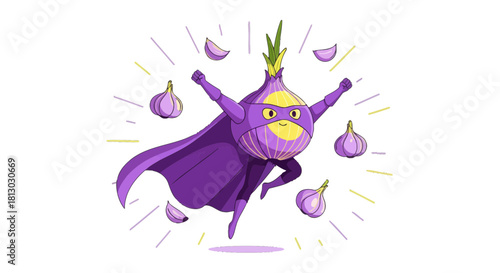 Onion Superhero Cartoon Illustration with Garlic Elements and Purple Superclothes