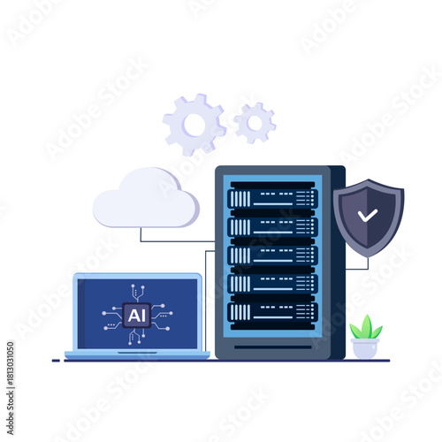 AI data center concept set for web design. artificial intelligence service, cloud processing and hosting. Flat vector illustration isolated on white background.
