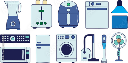 Home Appliance Collection: A colorful collection of essential home appliances, perfect for illustrating domestic scenes, culinary projects, and technological progress.