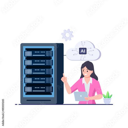 AI data center concept set for web design. artificial intelligence service, cloud processing and hosting. Flat vector illustration isolated on white background.