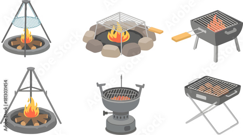 Collection of Different Outdoor Barbecue Grills and Fire Pits