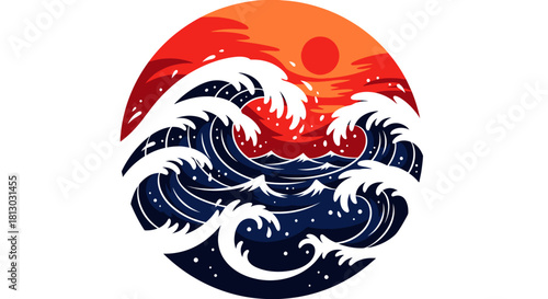 A vibrant vector illustration depicting powerful ocean waves crashing under a dramatic orange sky with a setting sun, perfect for graphic design elements.