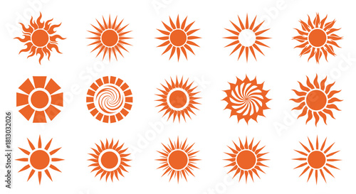 A vibrant collection of stylized orange sun icons, perfect for summer designs, weather forecasts, or decorative graphic elements on a clean white background.