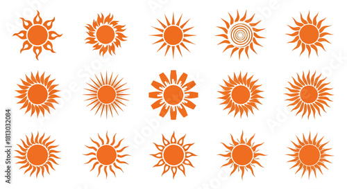 A vibrant collection of fifteen orange sun icons, rendered in a clean flat vector style, perfect for various design projects and web elements.